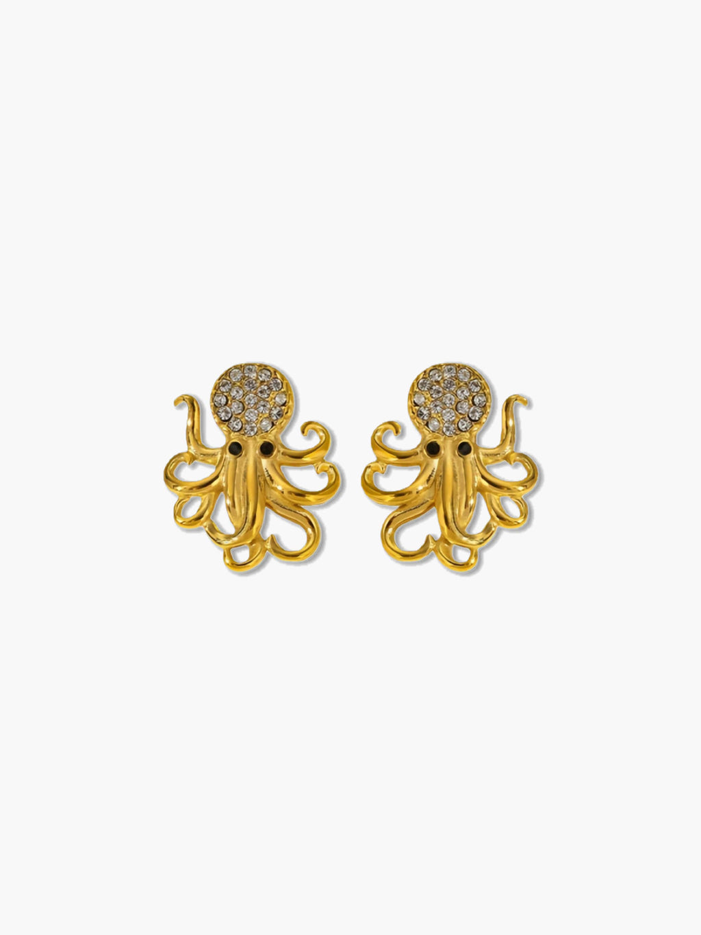 Gold octopus earrings with gemstone details on a white background