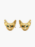 Gold cat earrings with green eyes on a white background