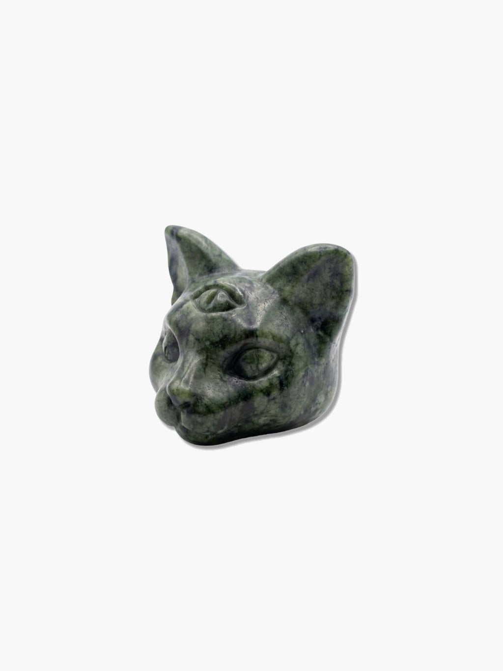 Hand-carved dark green crystal cat figurine featuring third eye engraving on an isolated white background