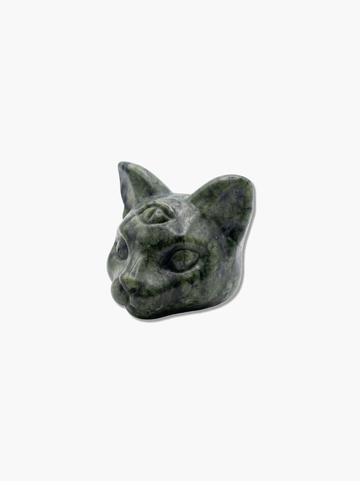 Hand-carved dark green crystal cat figurine featuring third eye engraving on an isolated white background