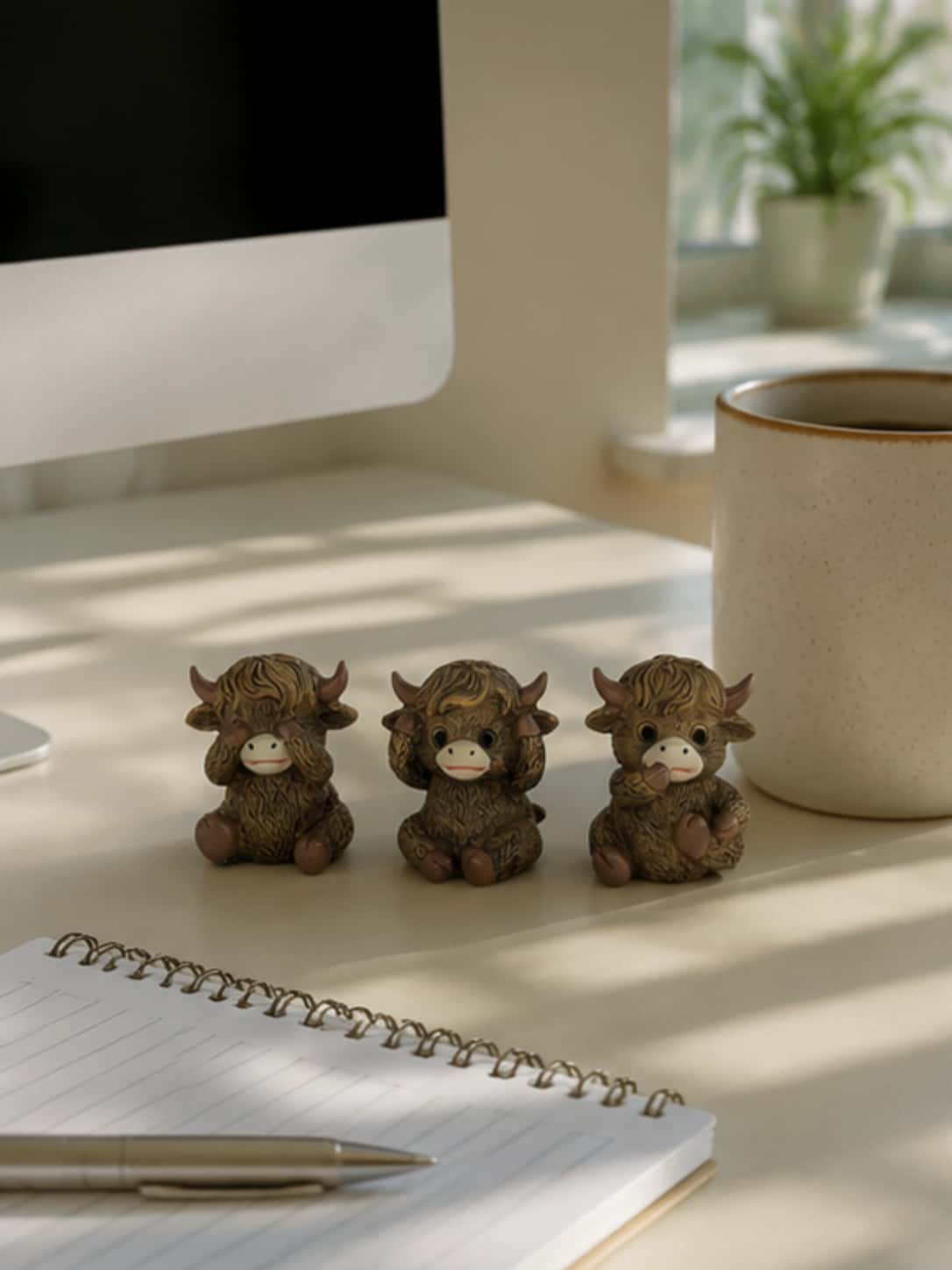 Adorable resin highland cow decor trio styled on a bright modern office desk beside a coffee mug and notebook