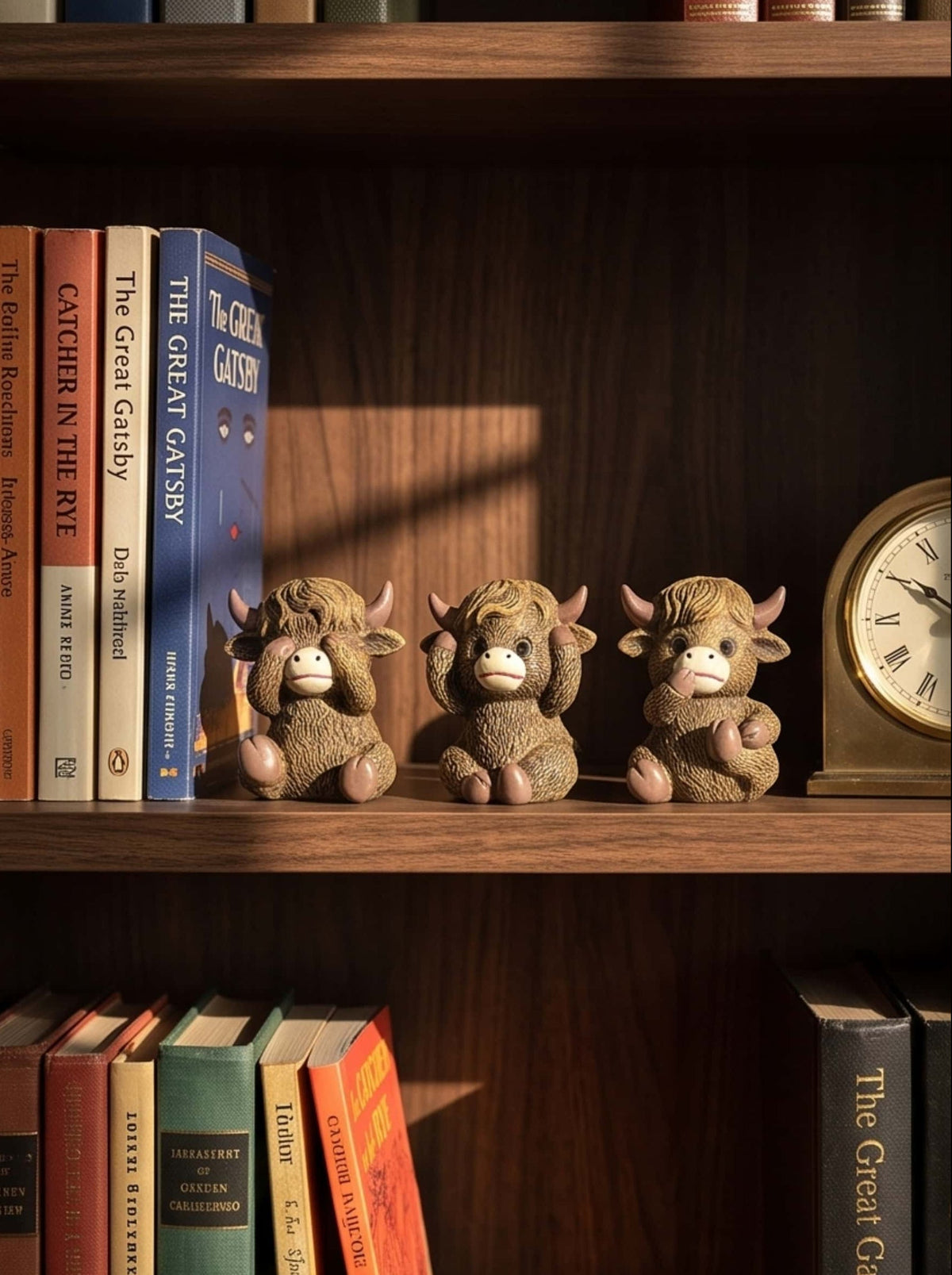 Rustic highland cow statue trio displayed on a wooden bookshelf between classic books and a vintage clock