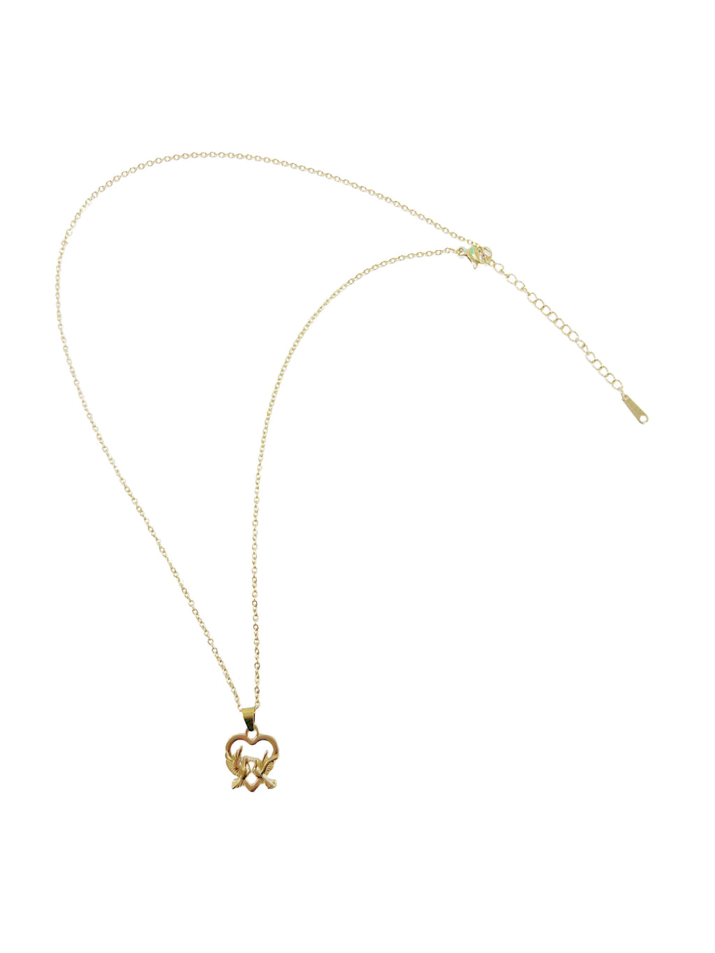 Full-length flat lay of the holy spirit dove necklace on a white background, showing the complete chain link structure, secure lobster clasp, and adjustable extension chain