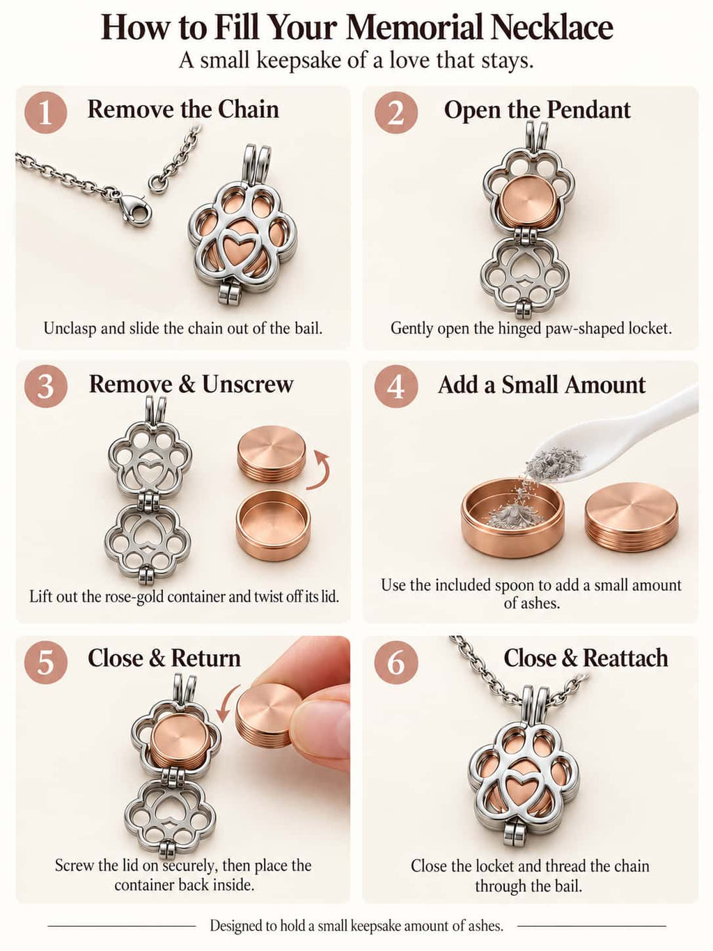 Step-by-step guide illustrating how to open, unscrew, and fill the pet ashes necklace urn capsule safely
