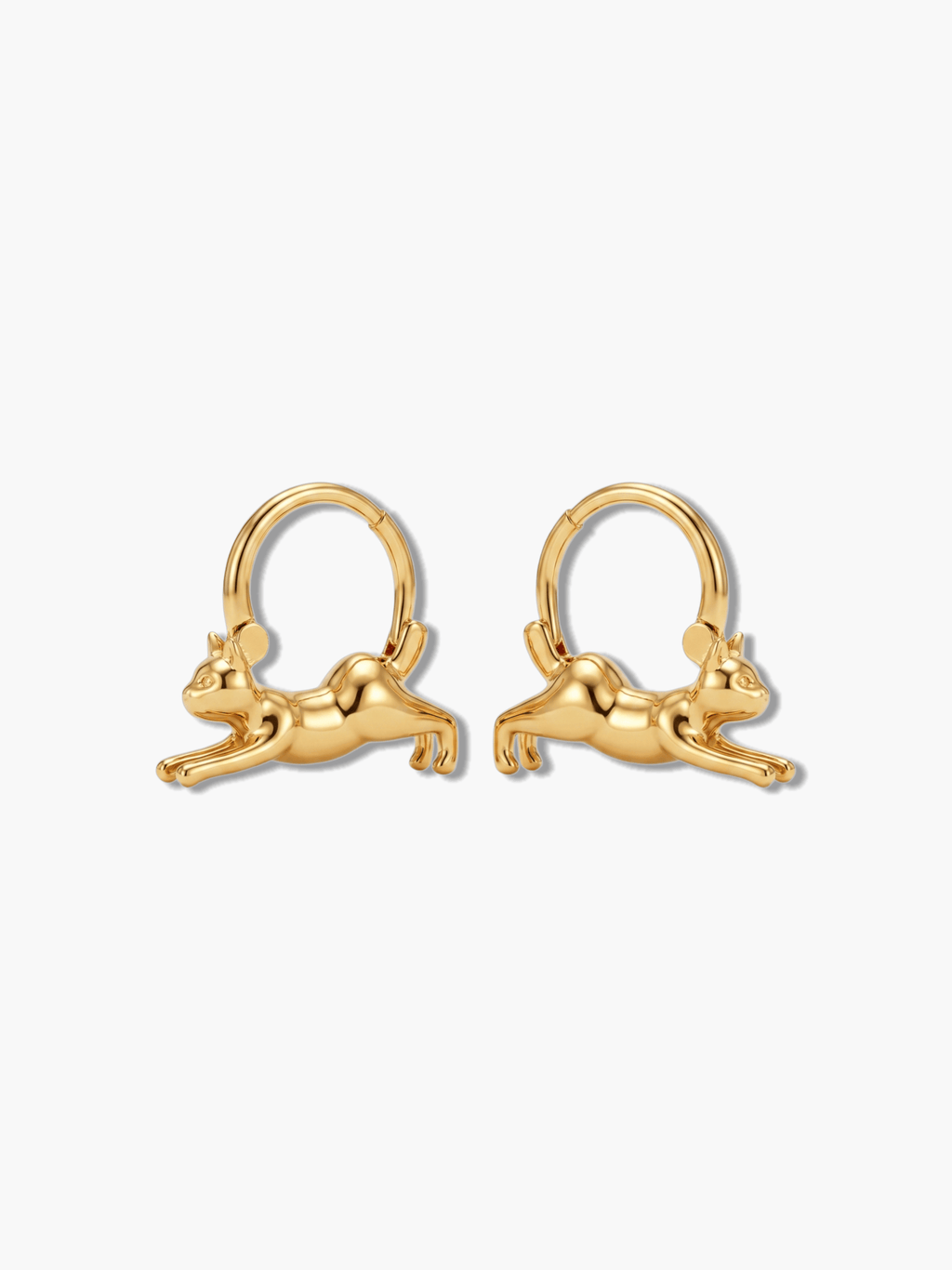 Pair of 18K gold plated leaping cat hoop earrings on a clean white background
