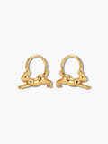Pair of 18K gold plated leaping cat hoop earrings on a clean white background