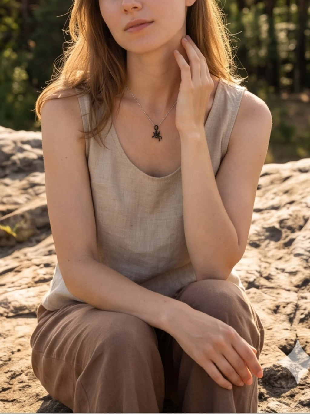 A stylish woman sitting outdoors on a rocky surface, elegantly modeling the Venture Craft unicorn necklace sterling silver paired with a casual, earthy linen top