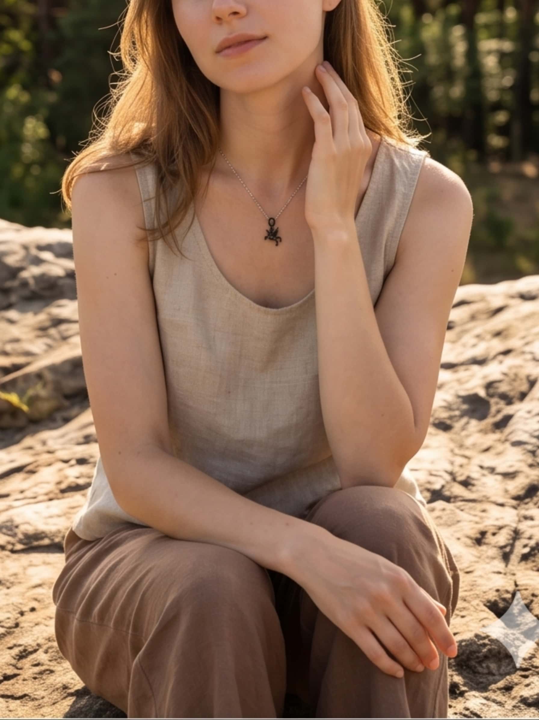 A stylish woman sitting outdoors on a rocky surface, elegantly modeling the Venture Craft unicorn necklace sterling silver paired with a casual, earthy linen top