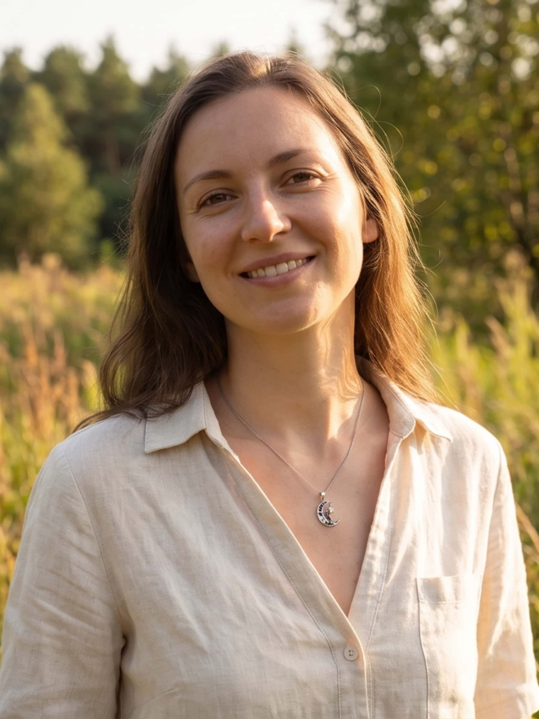 Smiling woman outdoors wearing a stylish luna cat necklace paired with a casual linen shirt