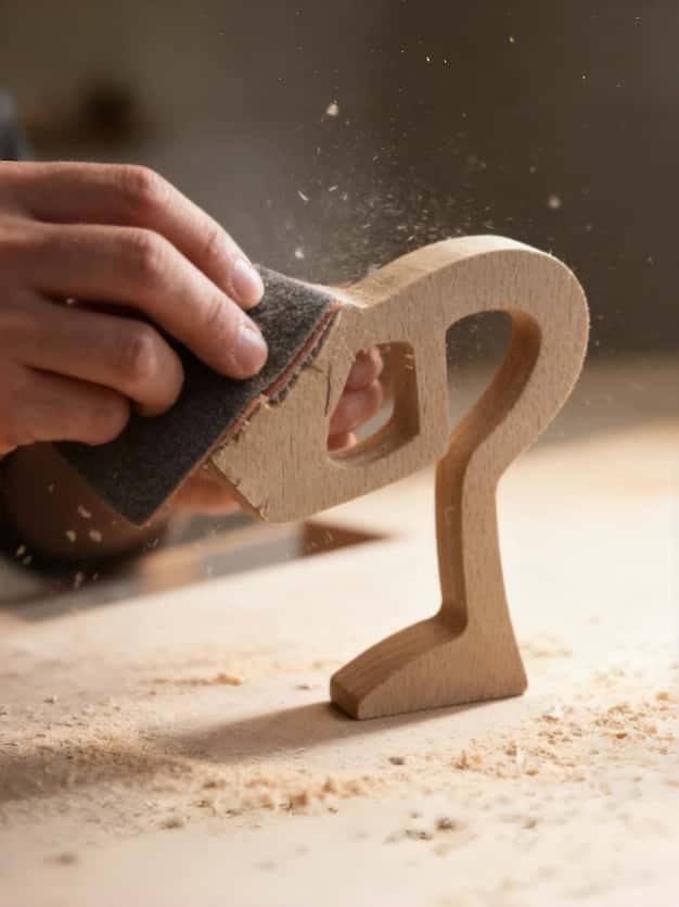 Person sanding a wooden sculpture with wood shavings on a wooden surface
