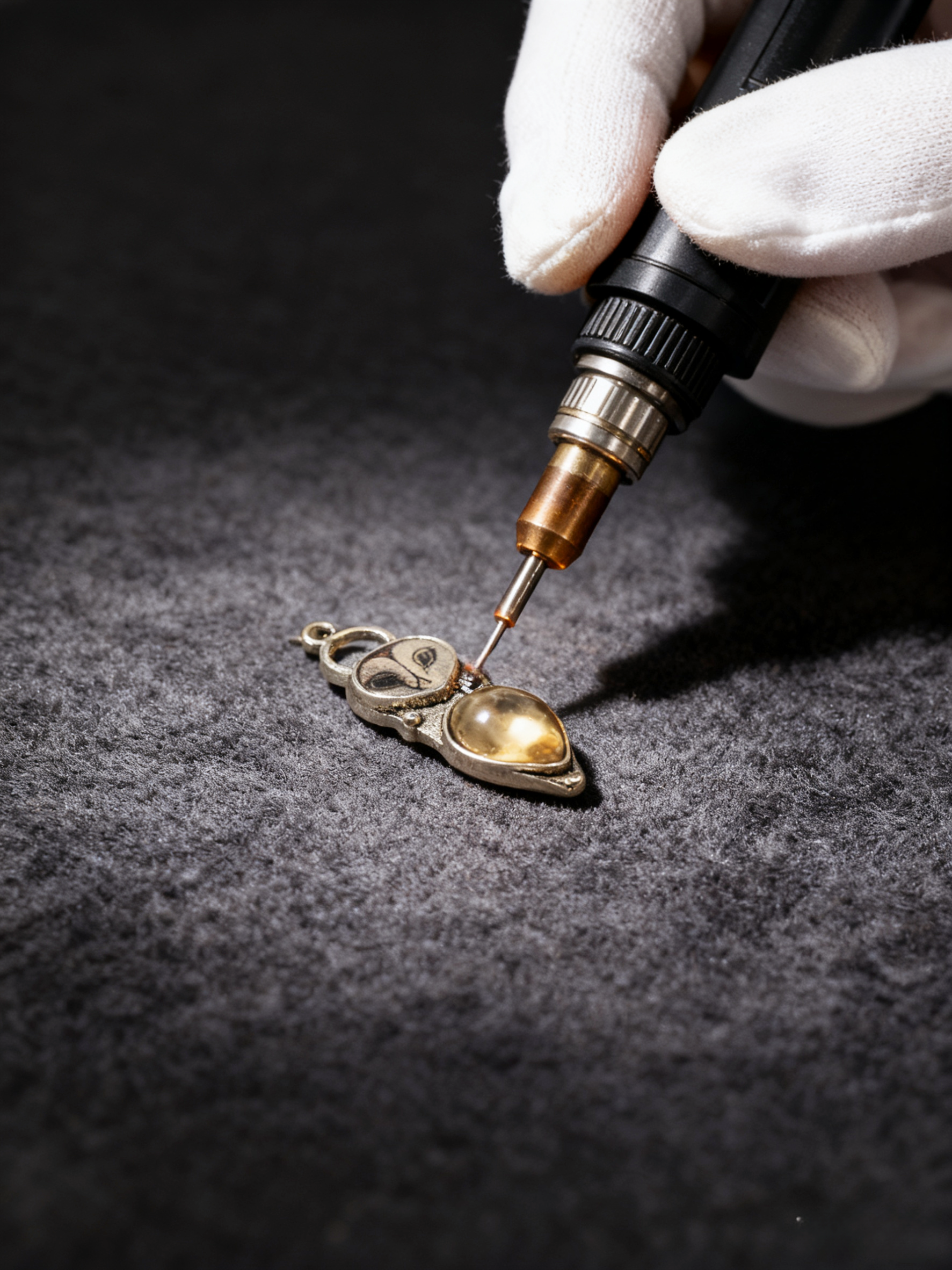 Gold owl earring being worked on with a tool by a gloved hand against a dark background