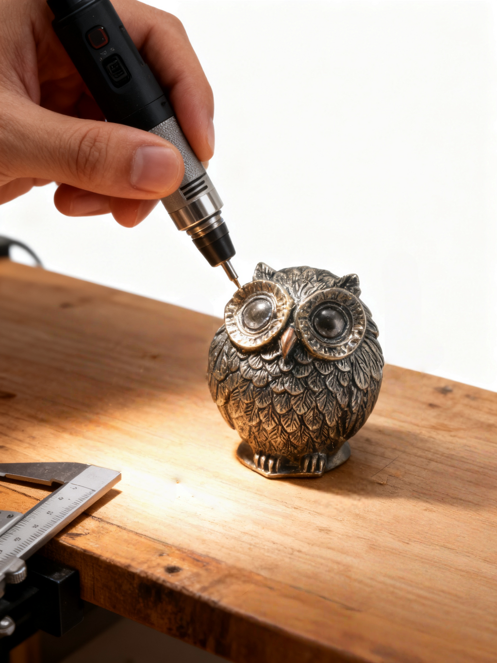 Hand using a 3D pen to create an owl figurine on a metal surface