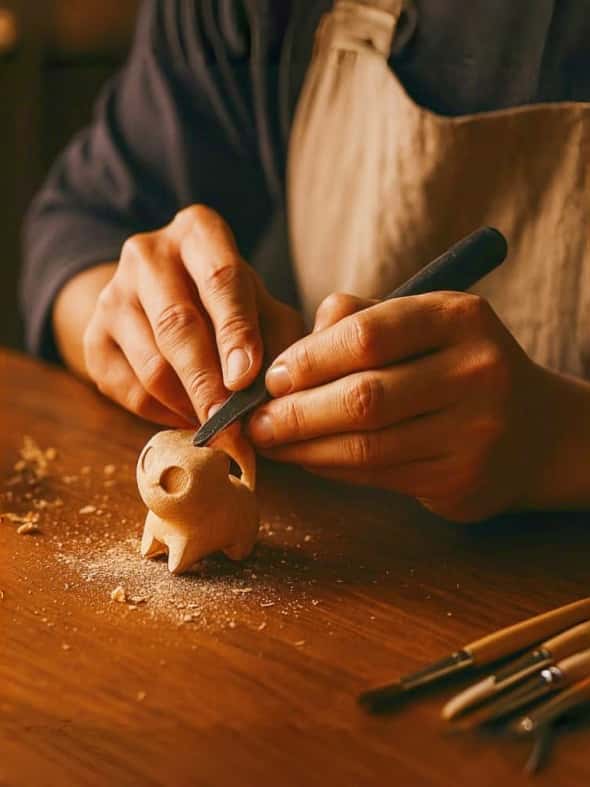 Person carving a wooden piggy bank with tools on a wooden surface