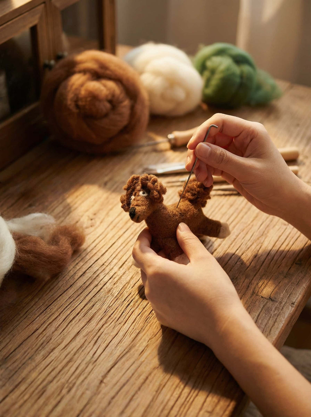 Person crafting a small brown dog wool felt ornament on a wooden table with yarn balls in the background.