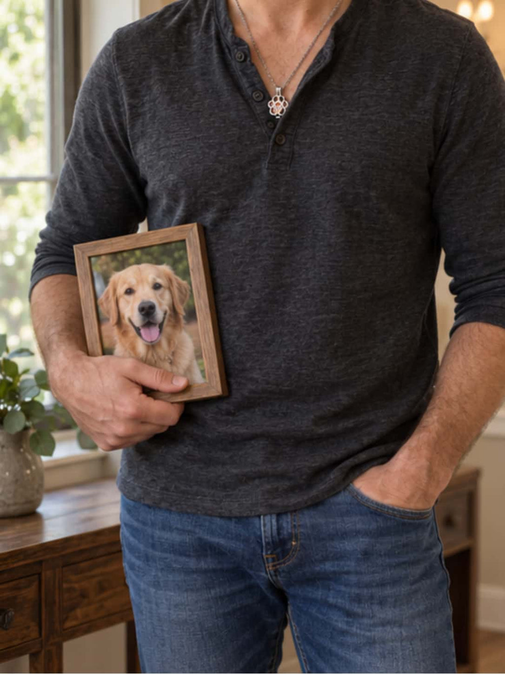 Man wearing a pet urn necklace around his neck while holding a framed photograph of a family dog