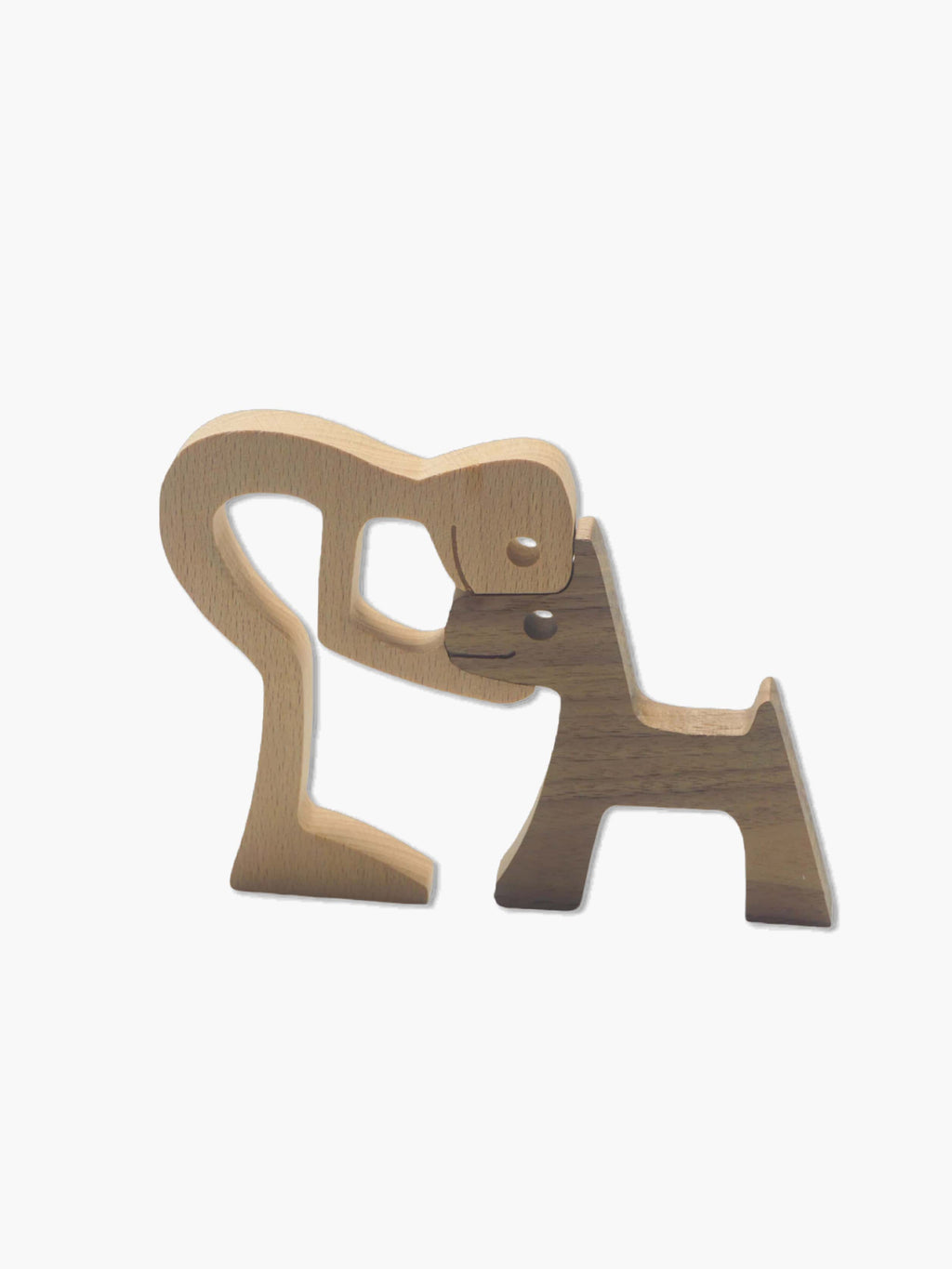 wood sculpture​ man & dog wood craft on a white background