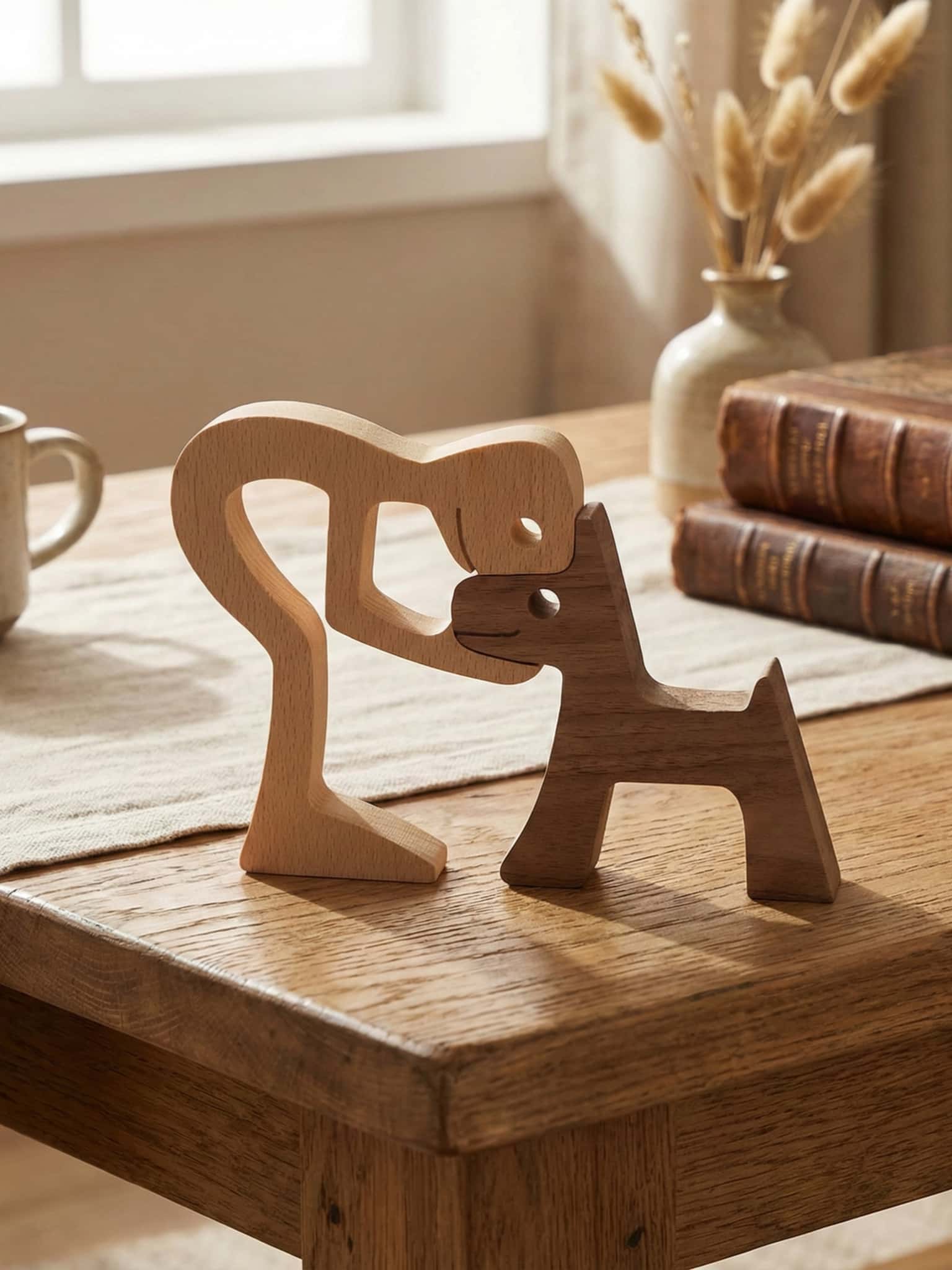 Wooden sculpture of a man and dogon a wooden surface with books and a mug in the background.