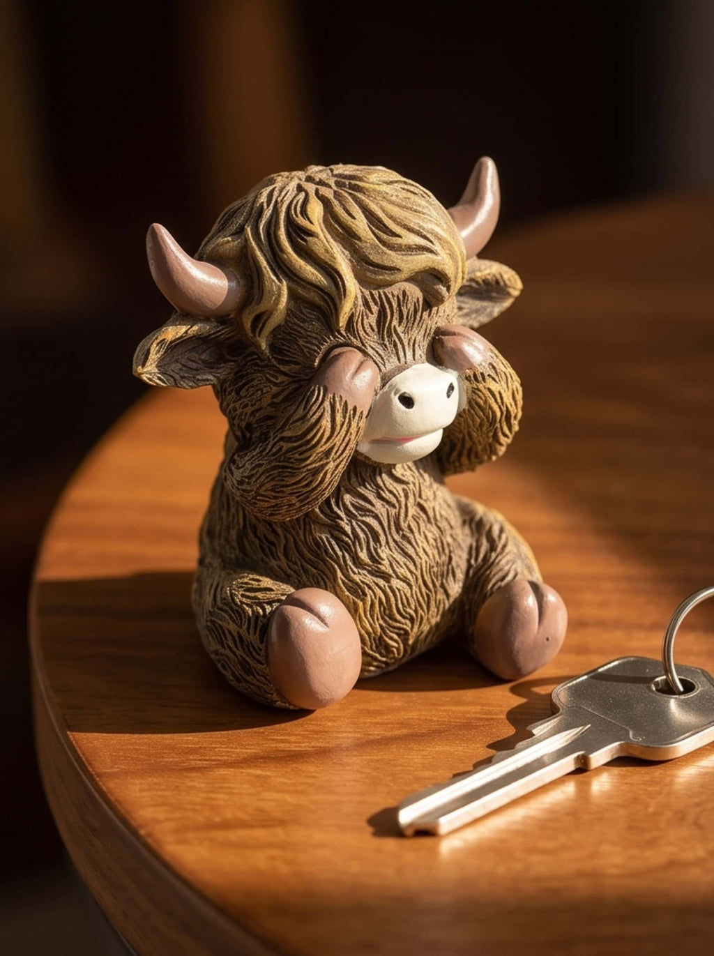 Close-up detail of a textured mini highland cow figurine covering eyes with a key beside it for size reference