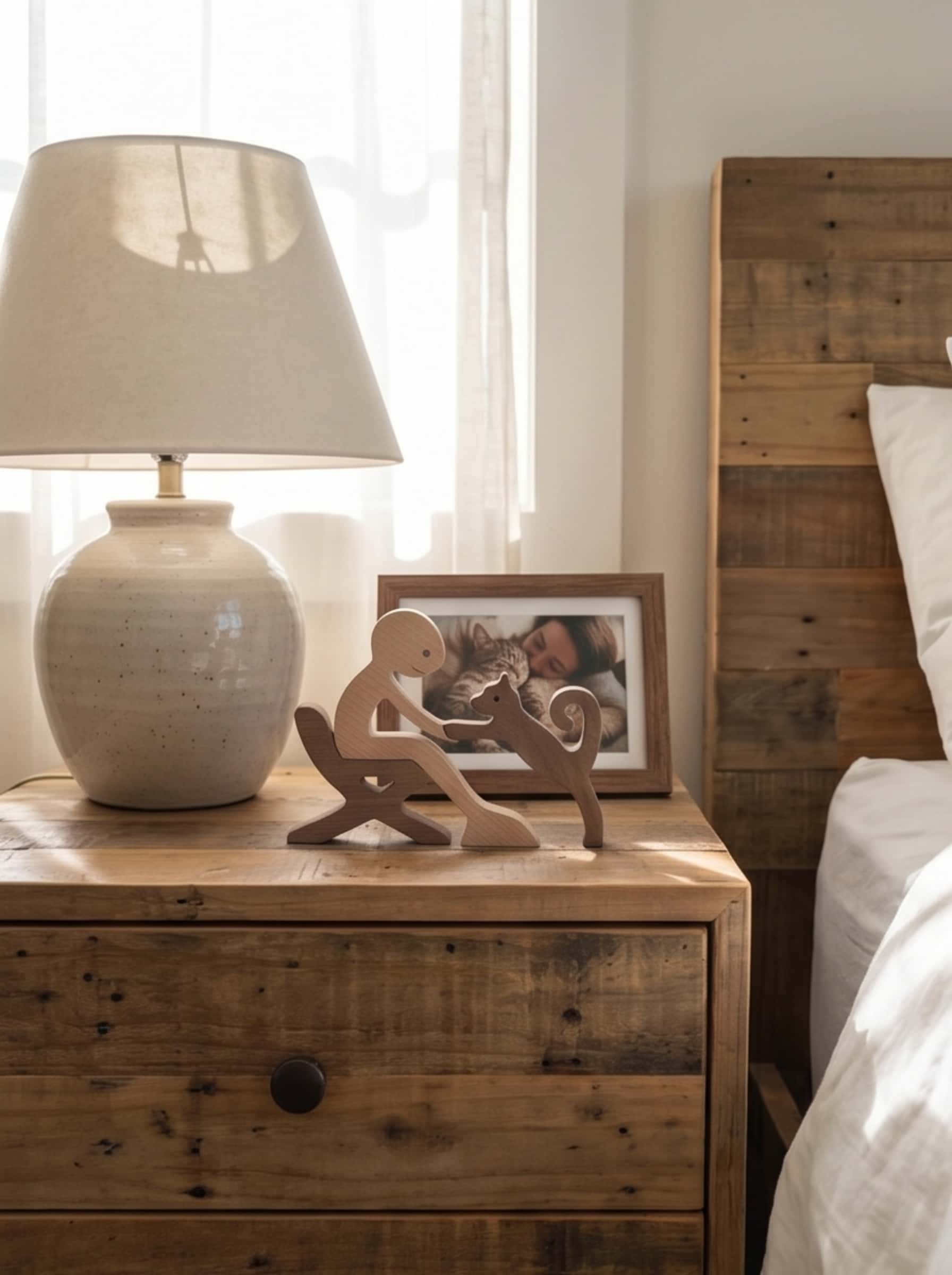 Minimalist beech and walnut wood figurine of a human petting a cat, beautifully displayed on a rustic wooden bedside table.