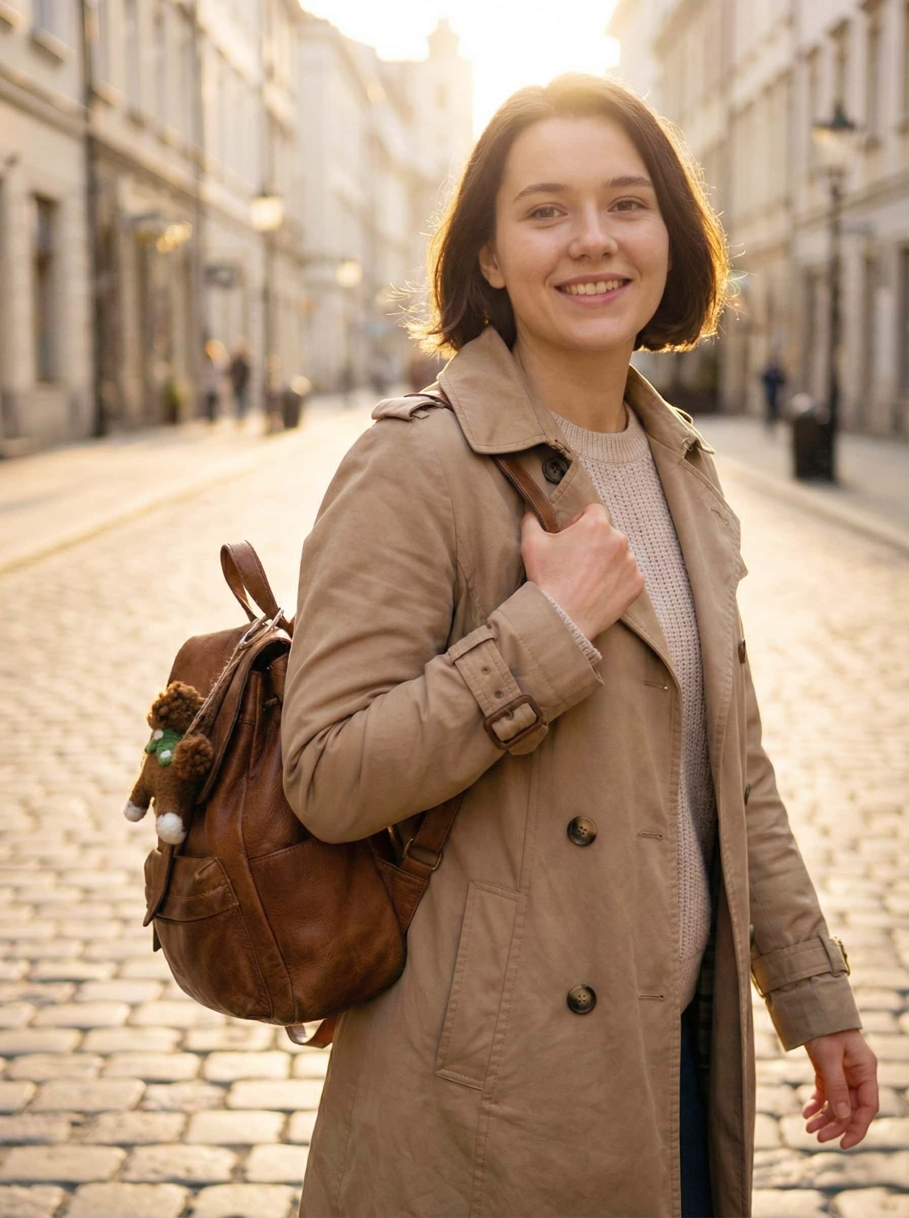 Woman in a beige coat with a brown wool felt ornament dog walking down a sunlit street.