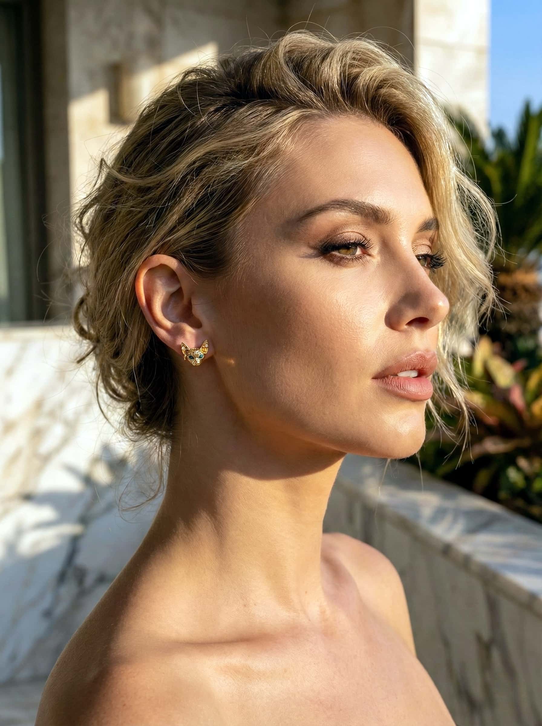 Woman with styled hair and sphinx-cat  earrings outdoors