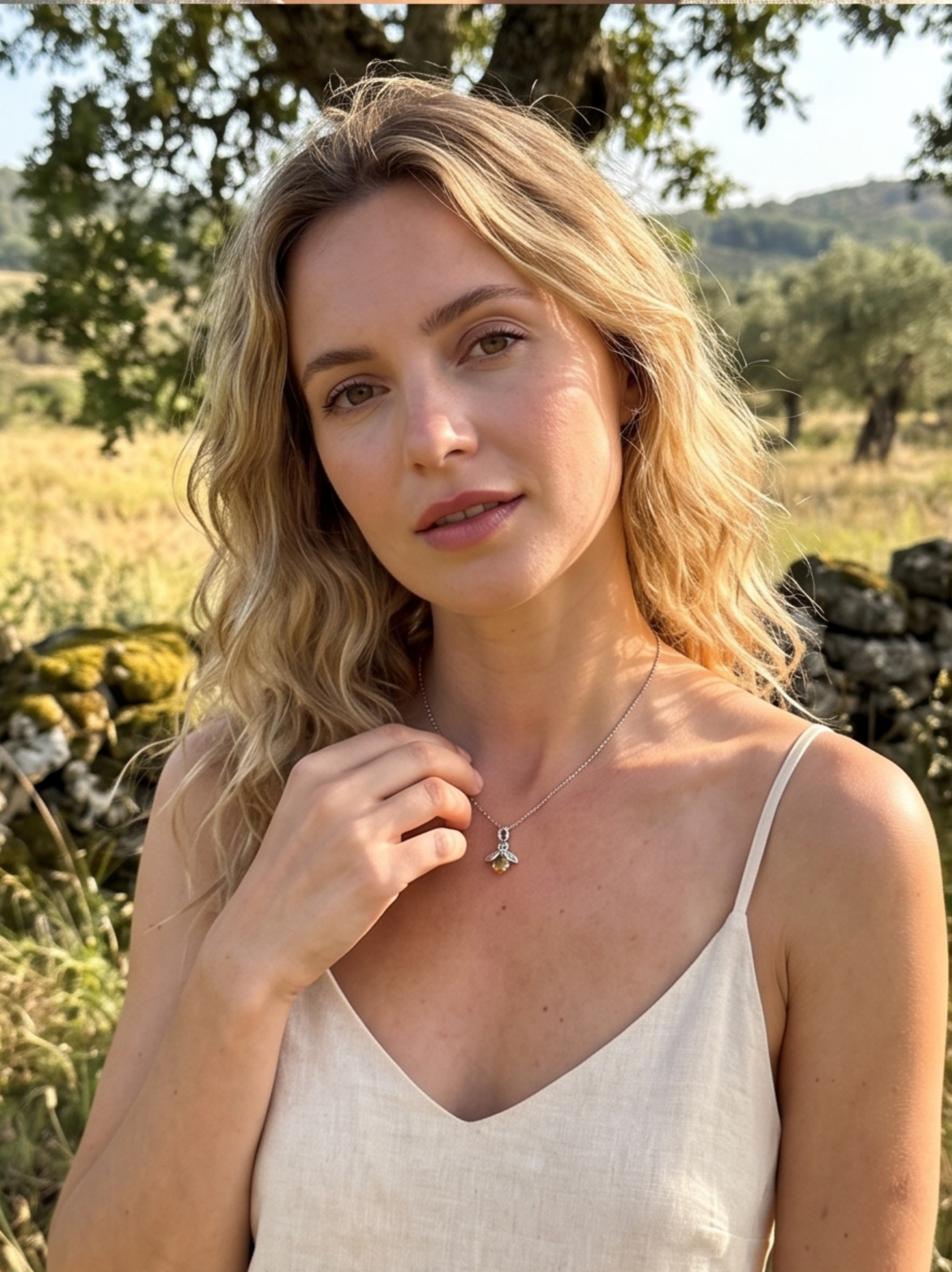 A beautiful woman in a linen dress holding her glowing necklace with a bee while standing in a sunlit natural outdoor setting