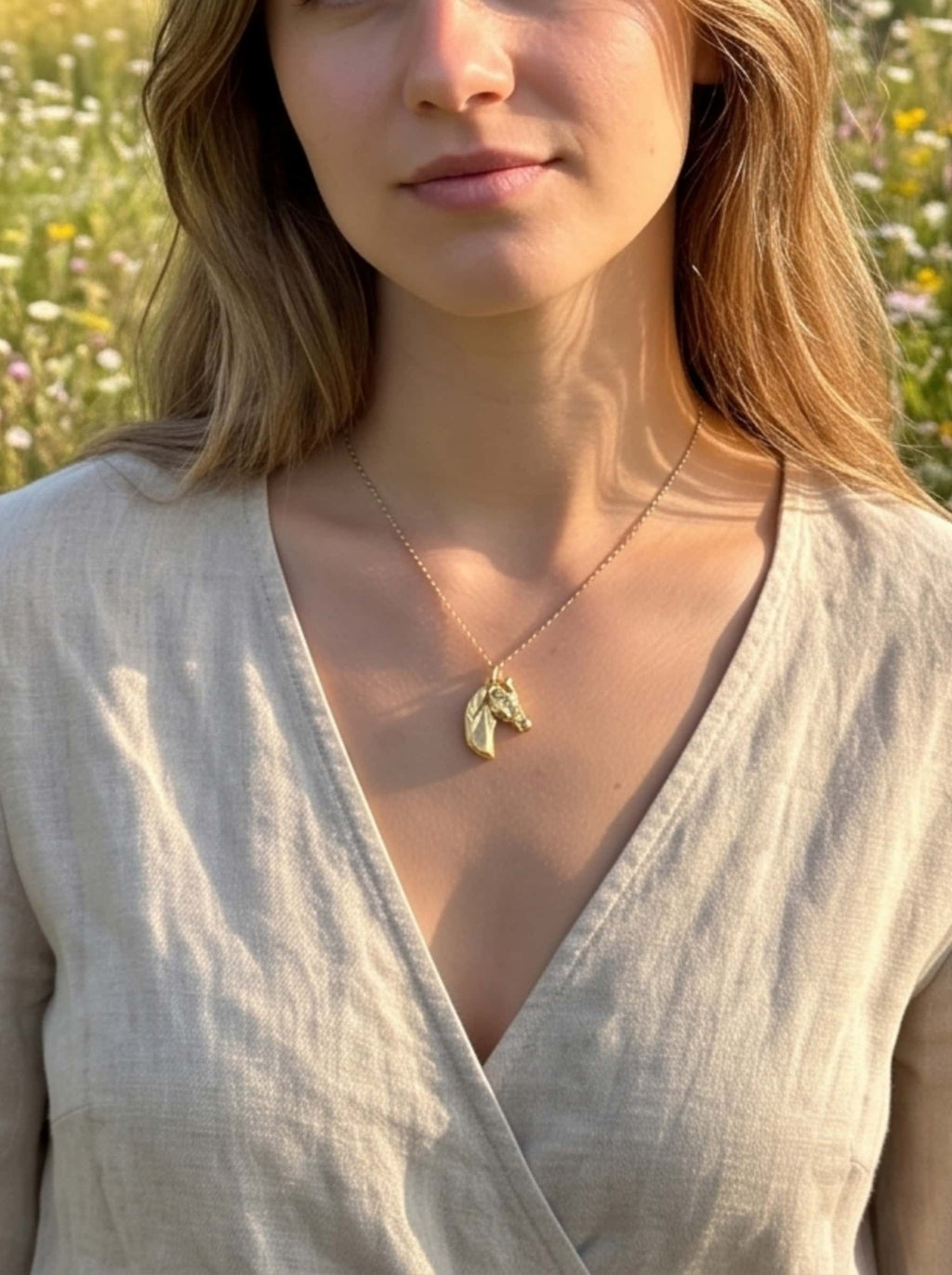 Front lifestyle view of a model wearing the 18K gold plated horse necklace over a beige linen dress in a sunny wildflower field