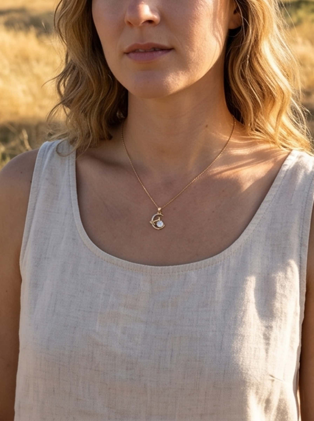 A model wearing an organic modern linen tank top showcases the minimalist cat necklace for women against a soft, golden hour outdoor background