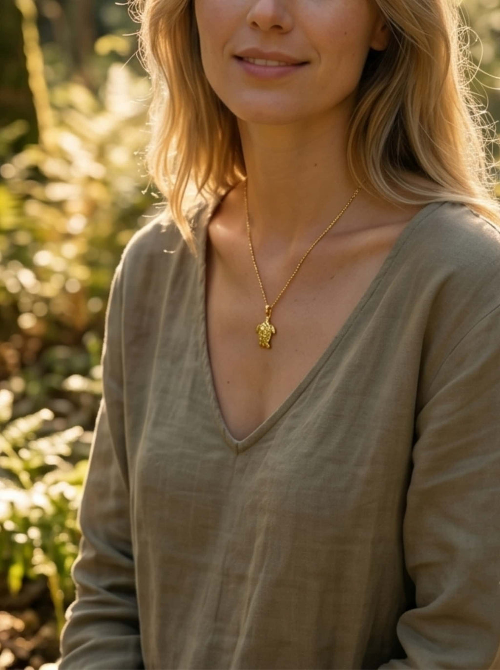 Side profile of a model wearing a necklace turtle lifestyle piece in a sunlit garden setting during golden hour