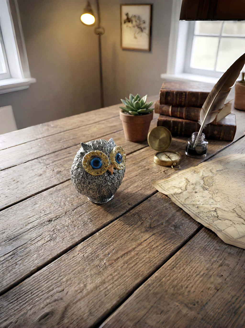 Decorative owl figurine on a wooden table with a compass, quill, and books in a room.