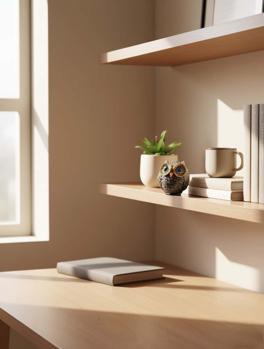 Wooden shelves with books, a mug, and a small owl figurine in a bright room.