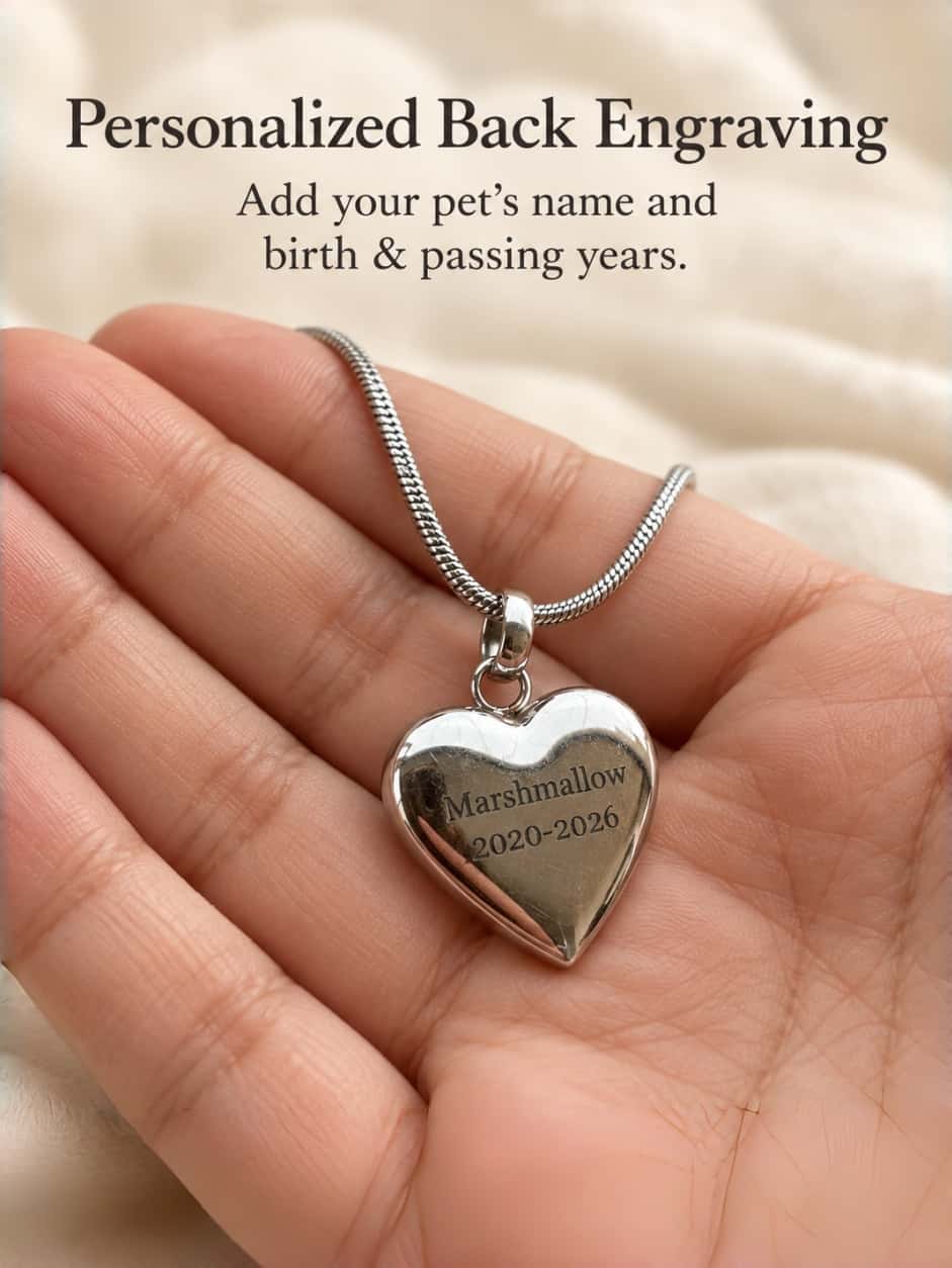 Heart-shaped pet urn necklace held in a palm, showing back engraving with the name Marshmallow and years 2020–2026