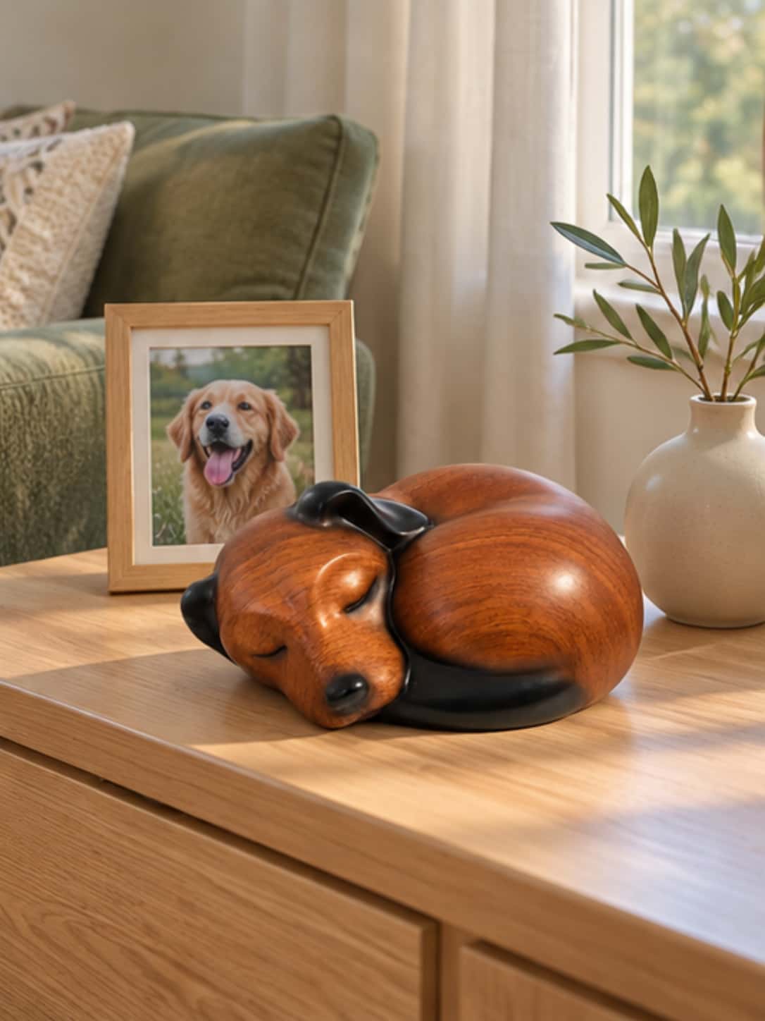 Sleeping urn for dog ashes displayed on a wooden living room table next to a framed golden retriever photo