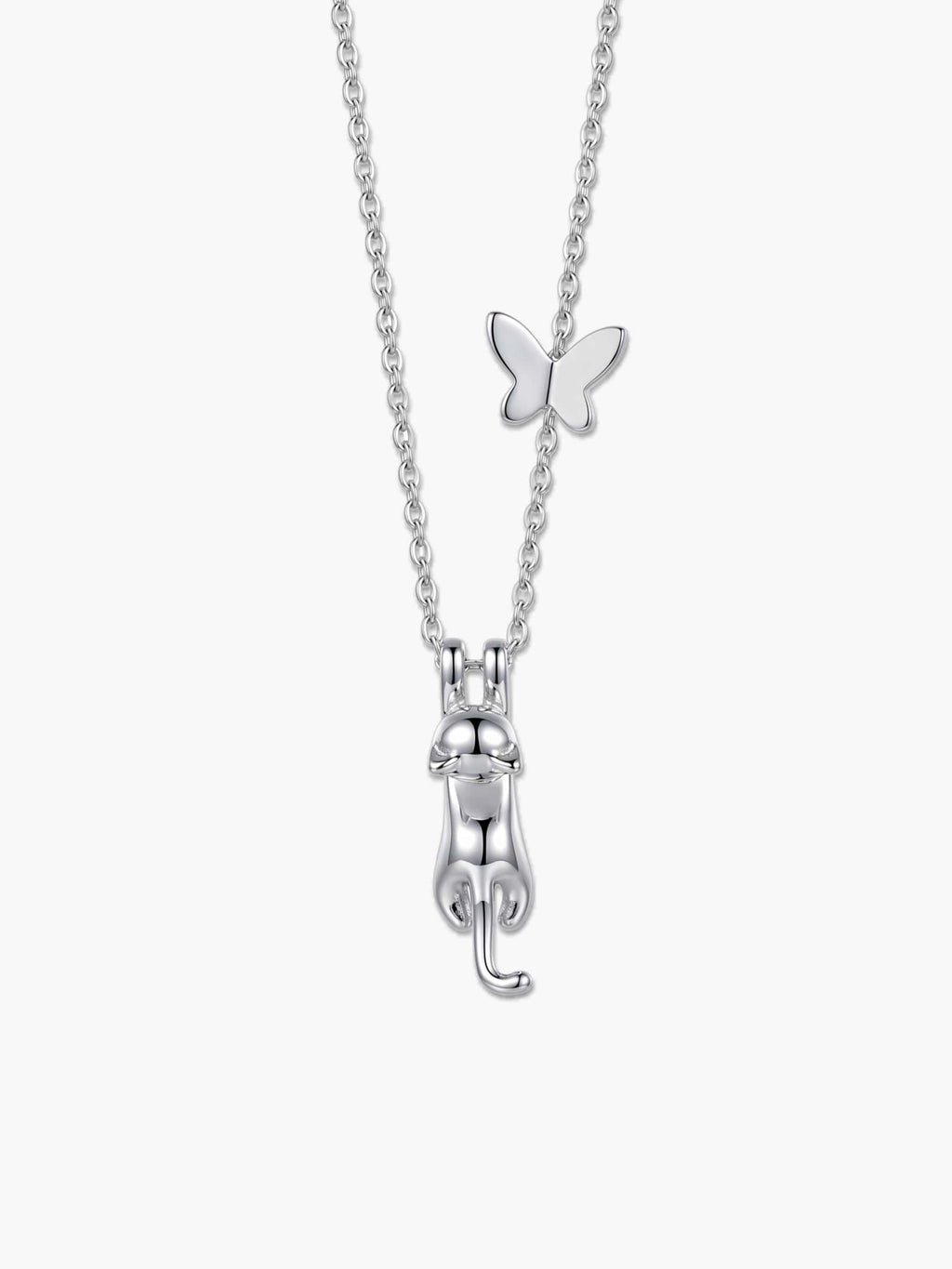 Minimalist S925 cat necklace sterling silver with hanging cat pendant and asymmetrical butterfly charm on a white background