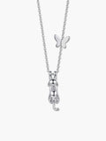 Minimalist S925 cat necklace sterling silver with hanging cat pendant and asymmetrical butterfly charm on a white background