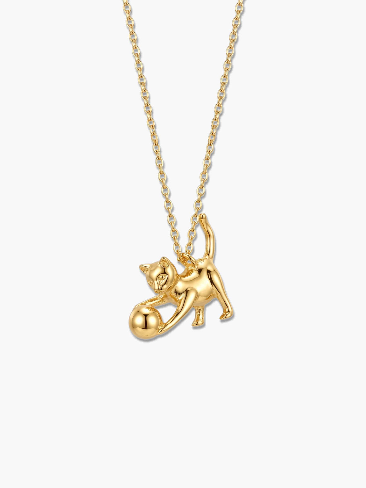 18K gold plated cat pendant necklace featuring a playful kitten playing with a golden ball on a delicate chain