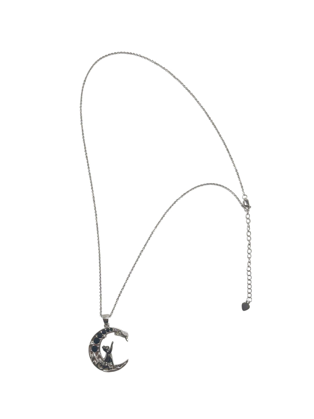 Full length view of a silver rhodium plated cat necklace with a crescent moon and luminous moonstone star
