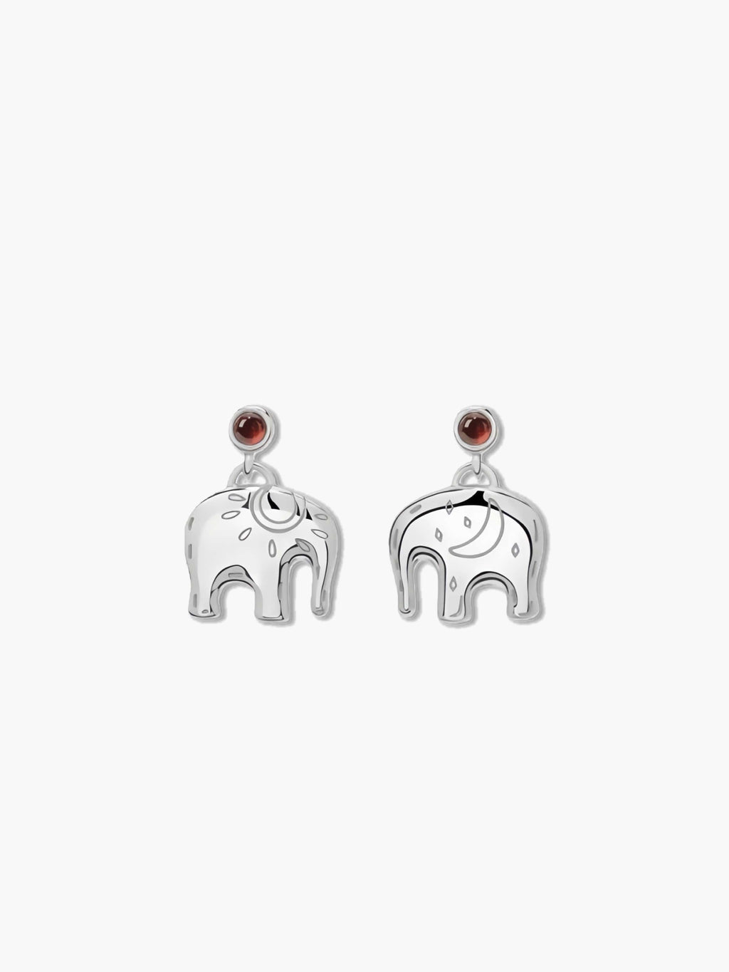 Silver elephant earrings with red gemstones on a white background