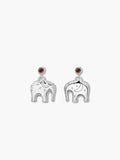 Silver elephant earrings with red gemstones on a white background