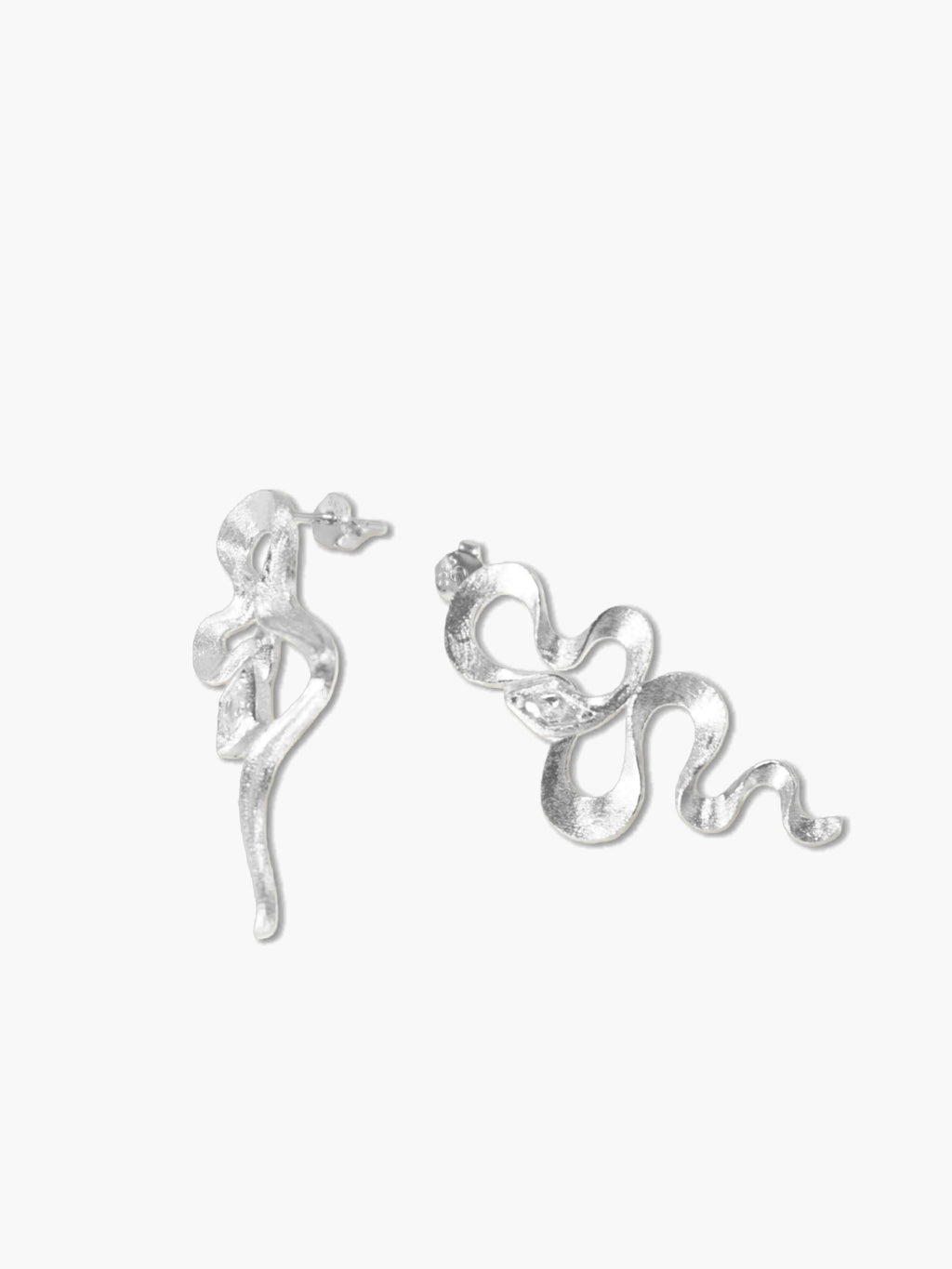 Silver snake earrings on a white background