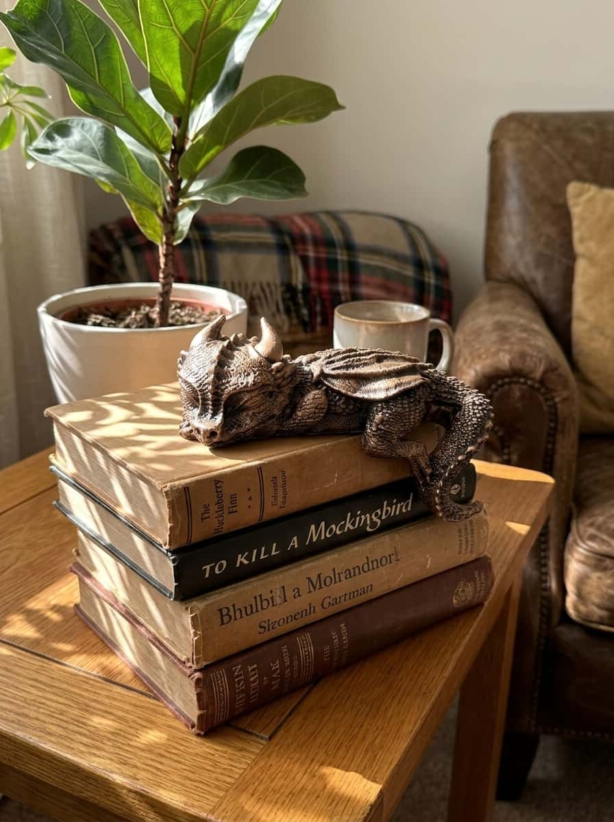 Small dragon figurine draped peacefully atop a vintage book stack on a wooden side table for dragon home decor