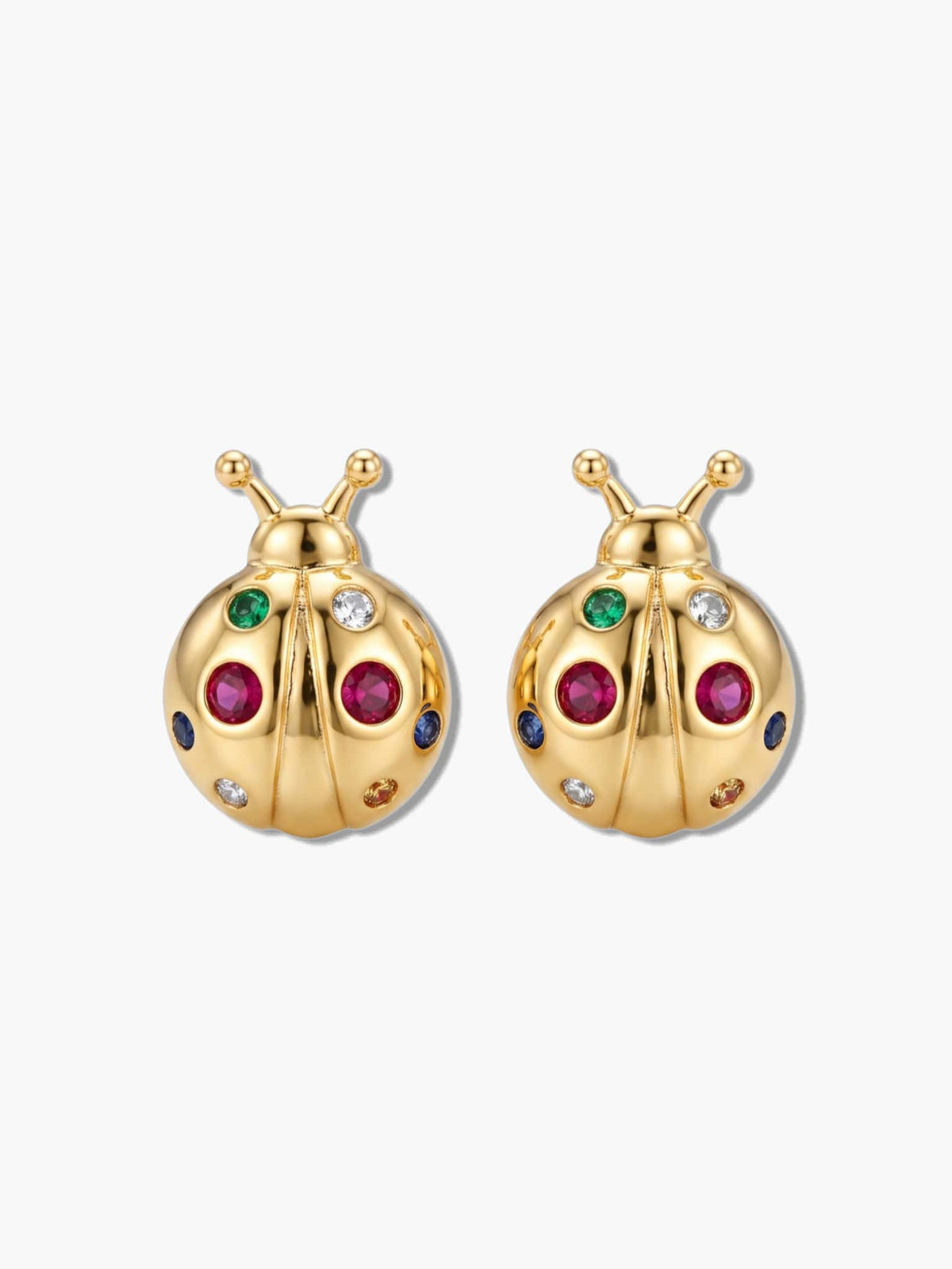 Studio product shot of a pair of 18K gold plated ladybug earrings featuring multi-color sparkling cubic zirconia on a pure white background