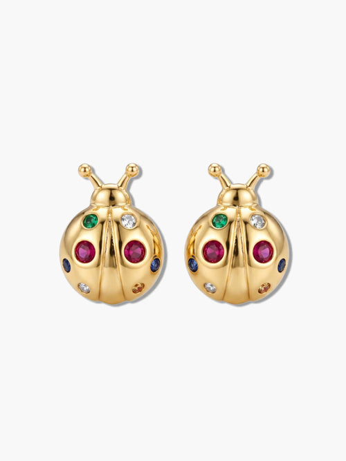 Studio product shot of a pair of 18K gold plated ladybug earrings featuring multi-color sparkling cubic zirconia on a pure white background
