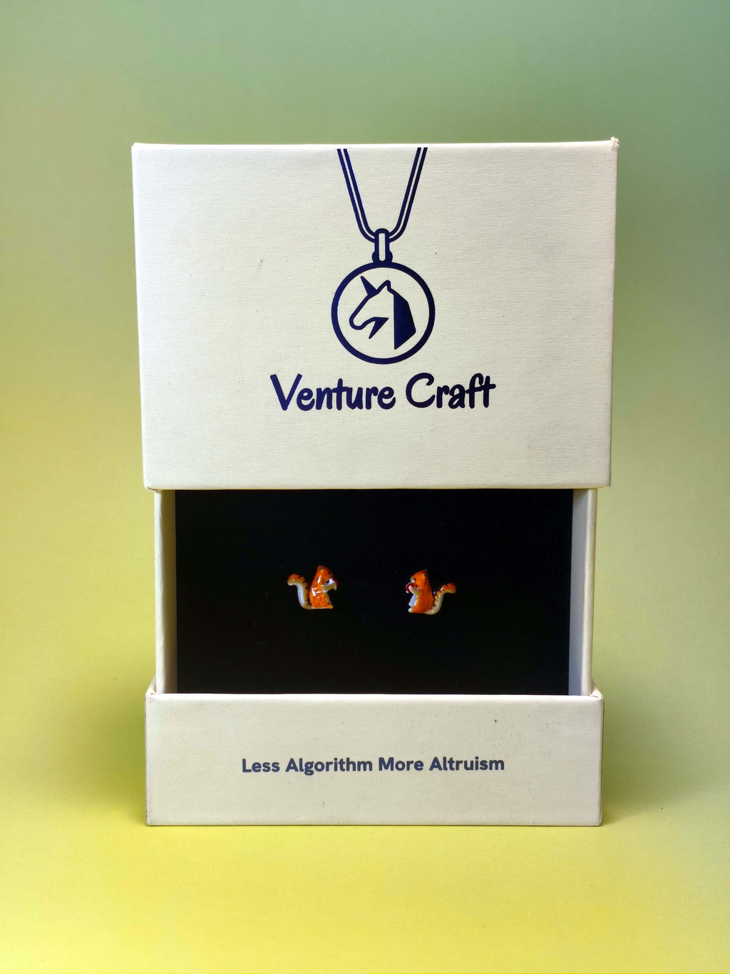 Gift Box of Venture Craft squirrel earrings on a gradient background