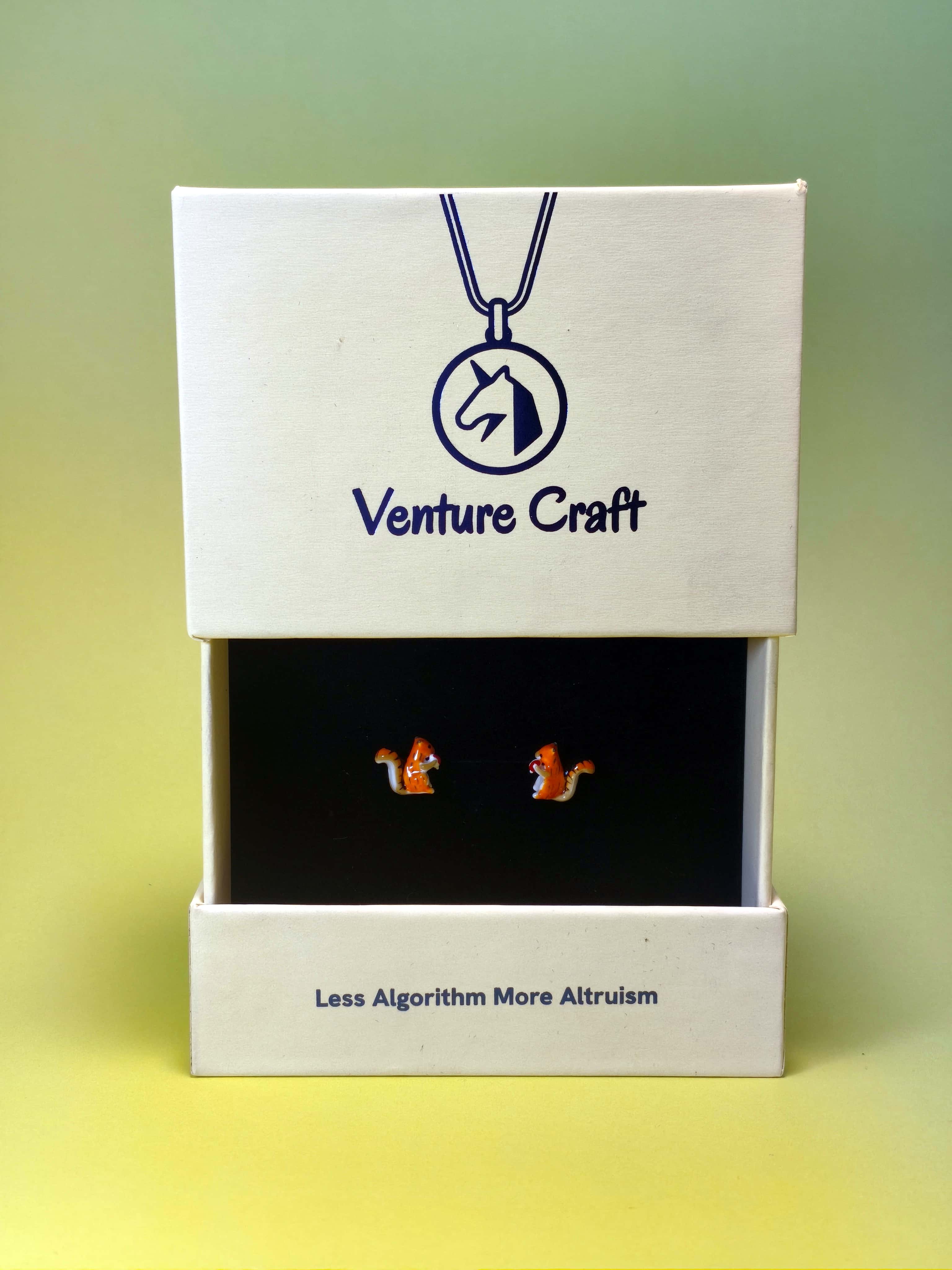 Gift Box of Venture Craft squirrel earrings on a gradient background