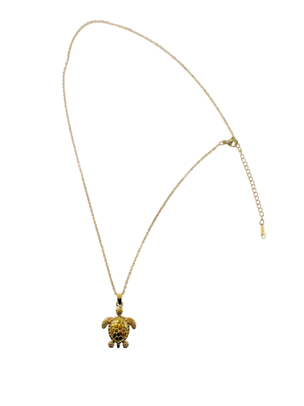 Full view of the 18K gold plated stainless steel turtle necklace showing the durable chain, adjustable clasp, and quality tag