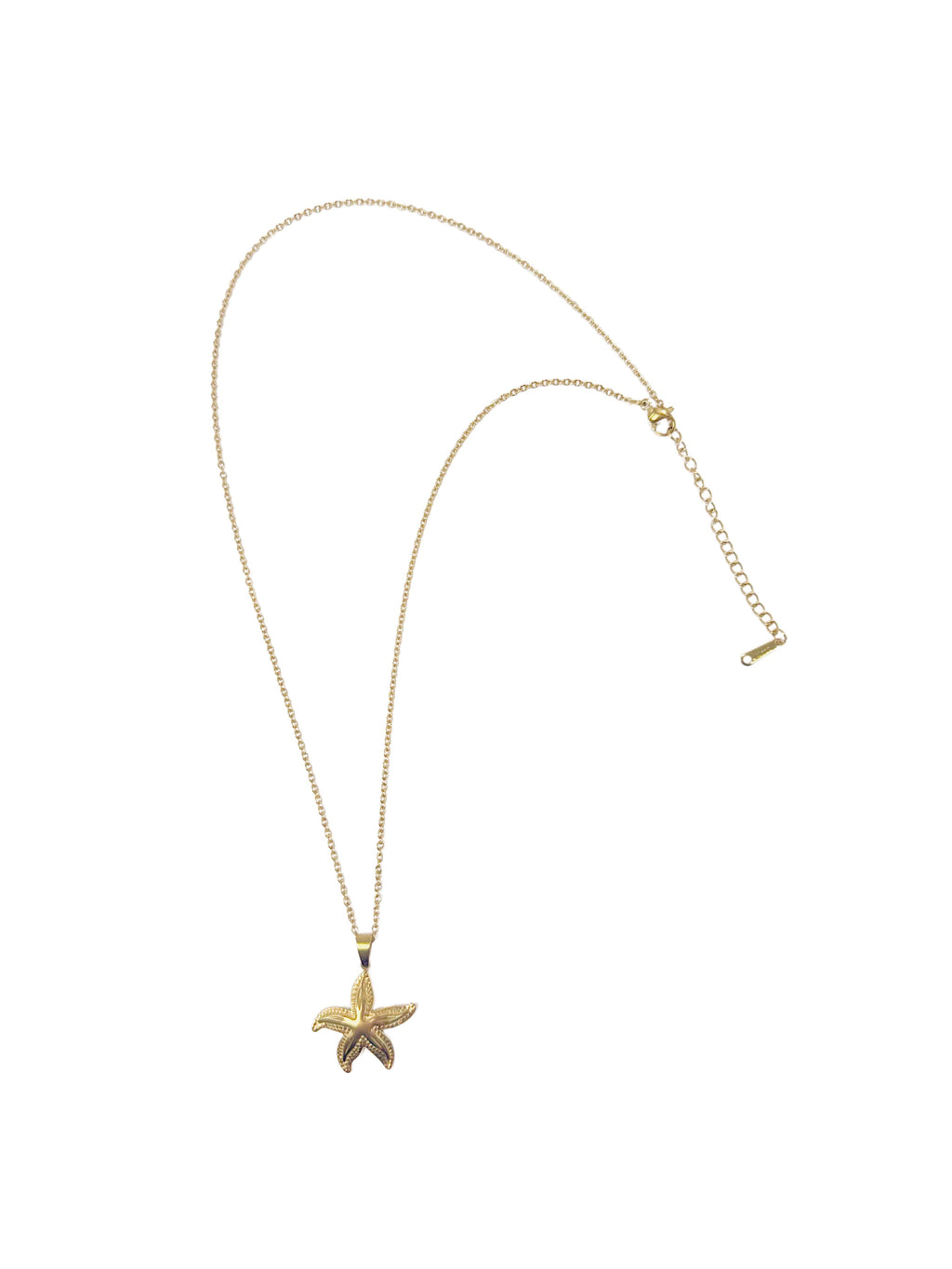 Full view of the 18K gold plated stainless steel necklace with starfish, showing the lobster clasp and adjustable extension chain