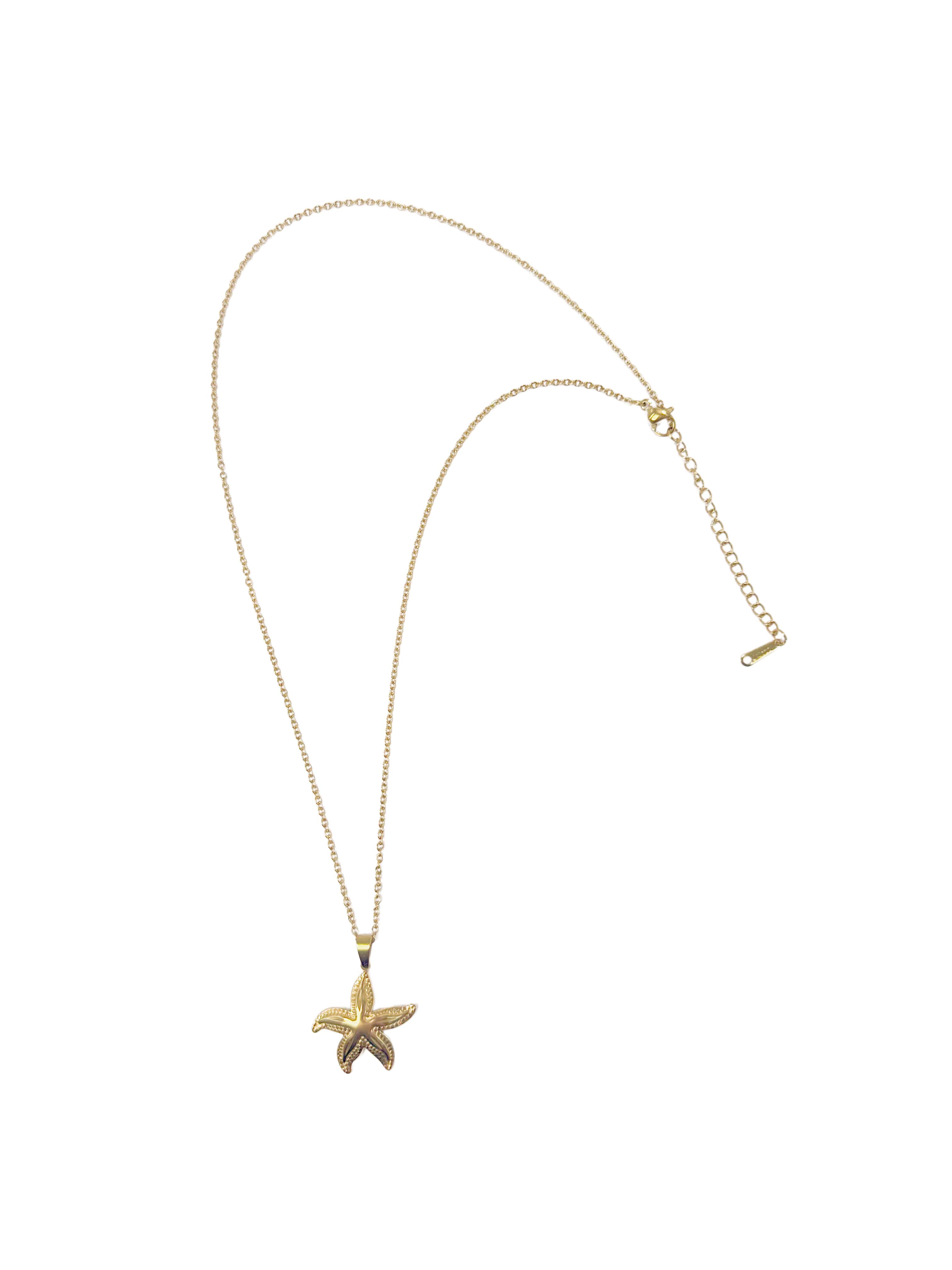 Full view of the 18K gold plated stainless steel necklace with starfish, showing the lobster clasp and adjustable extension chain