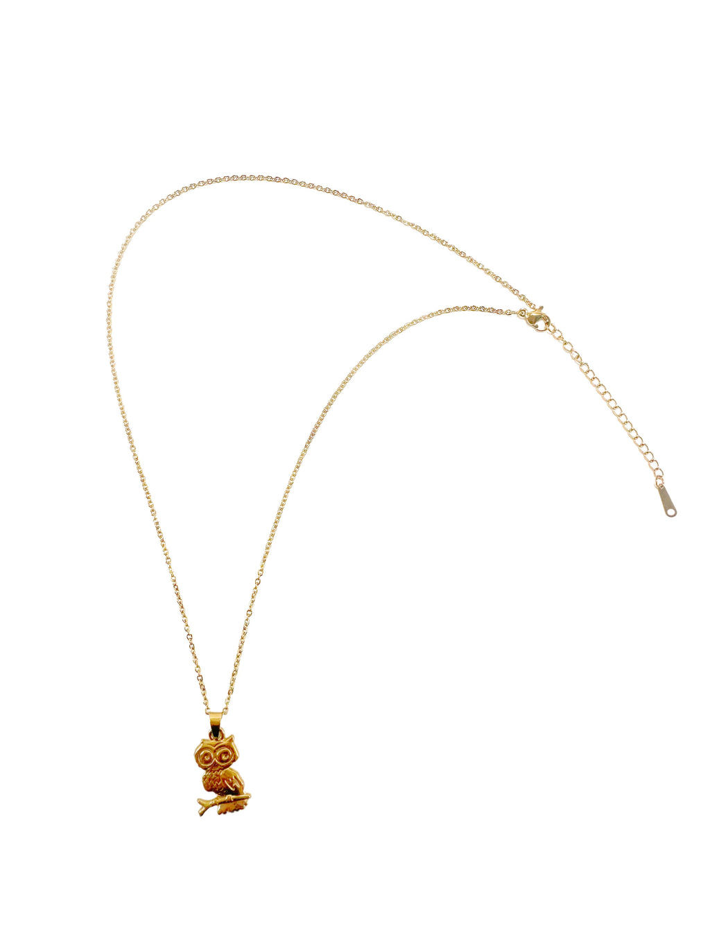 Complete view of the stainless steel gold owl necklace layout, showing the adjustable cable chain, lobster clasp, and extension chain