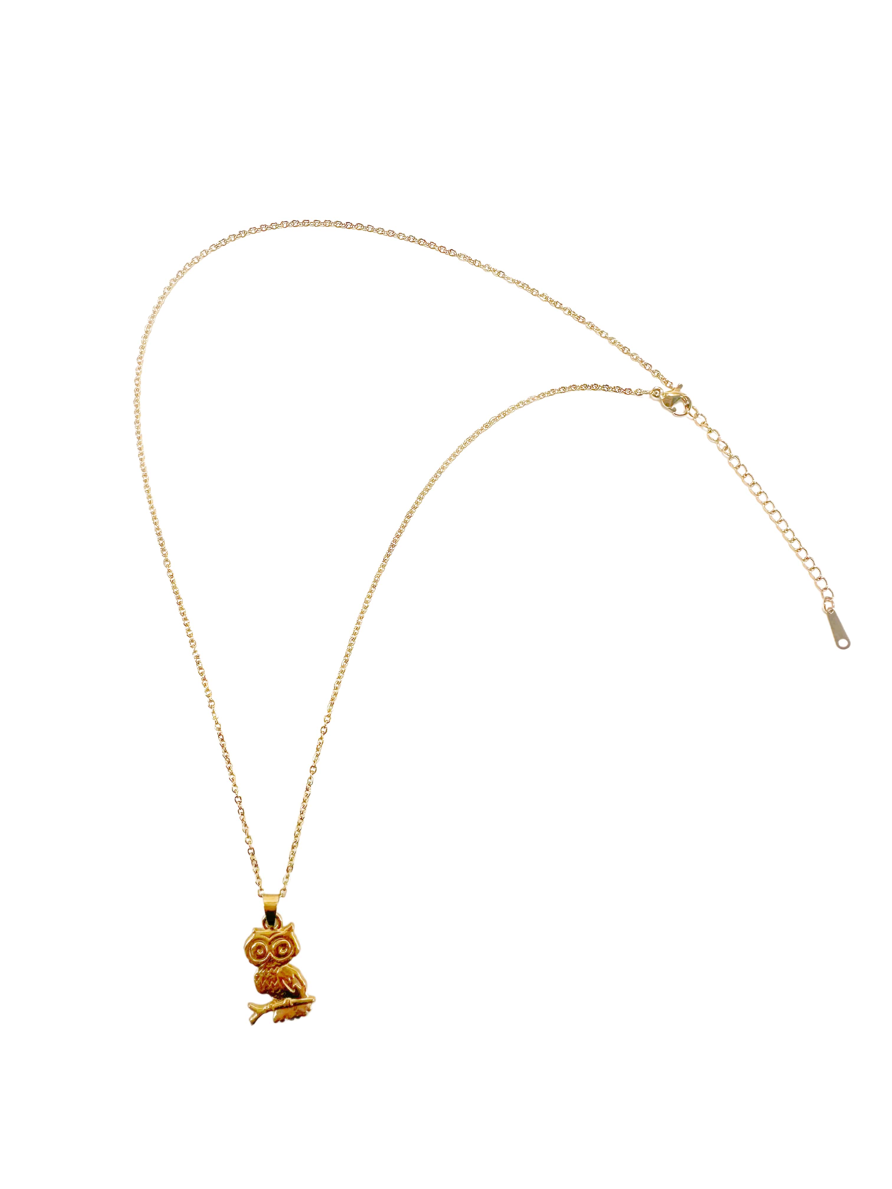 Complete view of the stainless steel gold owl necklace layout, showing the adjustable cable chain, lobster clasp, and extension chain